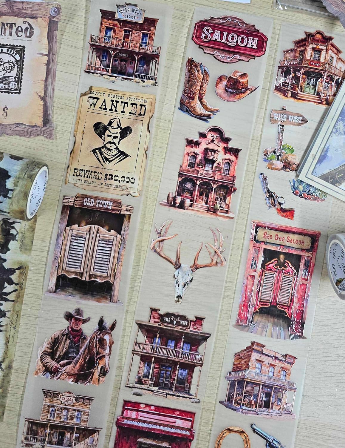 Wild West Transparent Vintage Washi Tape 5x5 cm x 100 cm – Decorative Scrapbooking Craft Adhesive Roll, Western Cowboy Art, Rustic Frontier Illustration for Journals, Planners, Cards & DIY Projects