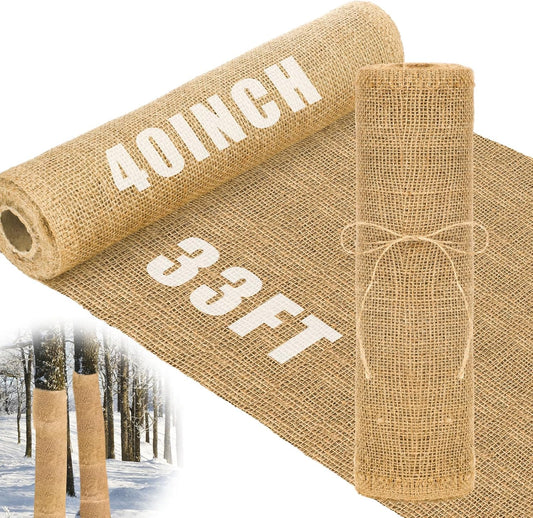Buryeah 40 Inch x 33 ft Burlap Fabrics Roll Natural Jute Burlap Garden Tree Wrap Outdoor Weed Barrier DIY Fall Halloween Craft Winter Frost Plant Landscape Blankets Cloth for Plant Gardening Shrubs