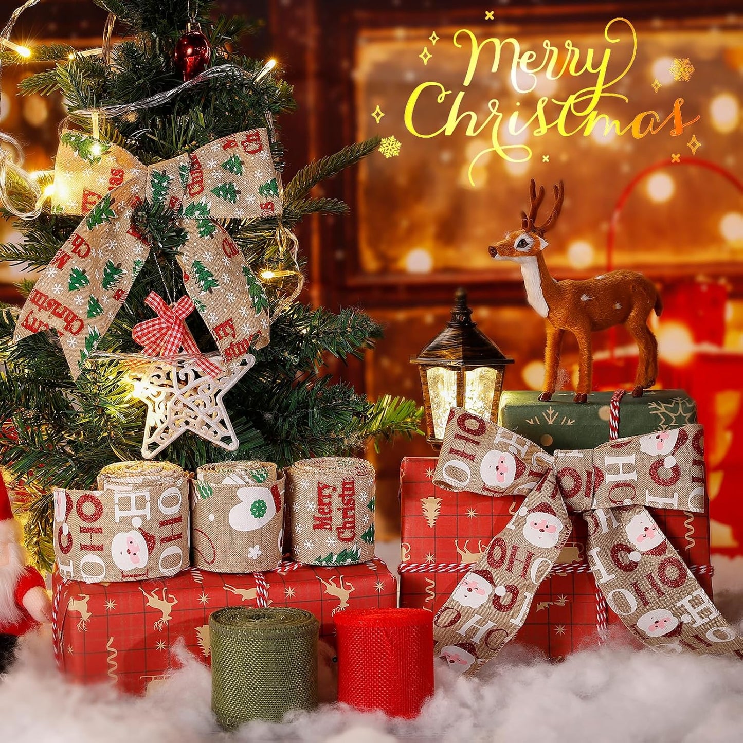 5 Colors Wreaths Burlap Ribbon- Total 27.3yards Christmas Xmas Wired Edge Ribbon for Gift Wrapping Bows Rustic Crafts Supplies Weddings Holiday Decorations - 2.4in Wide