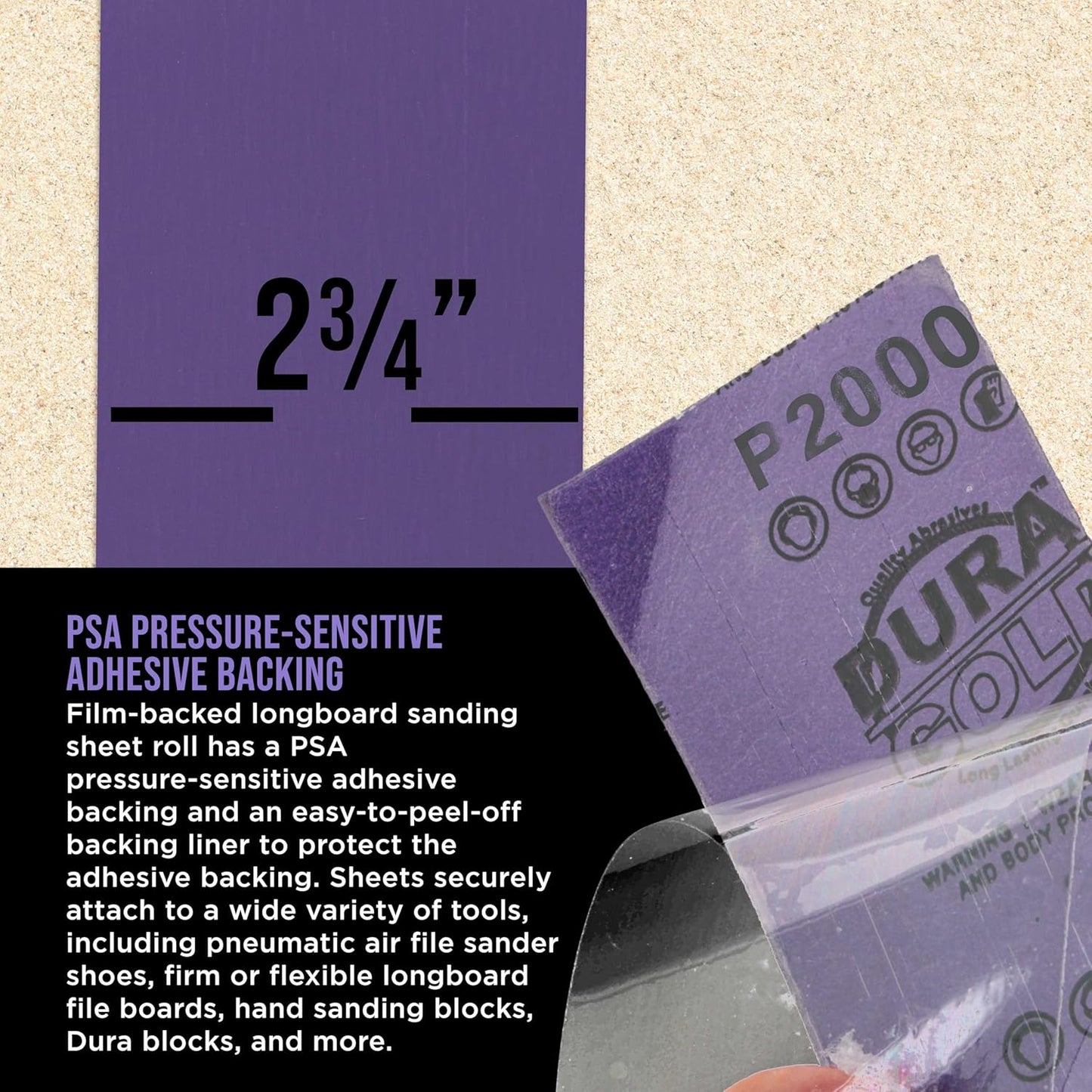 Dura-Gold Premium 2000 Grit PSA Purple Film Ceramic Longboard Sandpaper, 2-3/4" Wide Continuous 20 Yard Roll - Self Adhesive Stickyback for Auto & Wood Air File Long Board Sanders, Hand Sanding Blocks