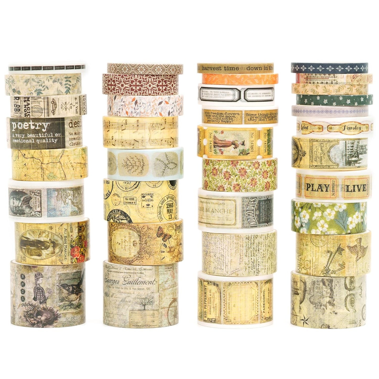 36 Rolls Vintage Washi Tape Pack Retro Arts Adhesive Tapes Wide Chronicle Decorative Masking Tape Sets for Craft, Kids, Scrapbook, DIY, Gift Wrapping (Duke Jorge)