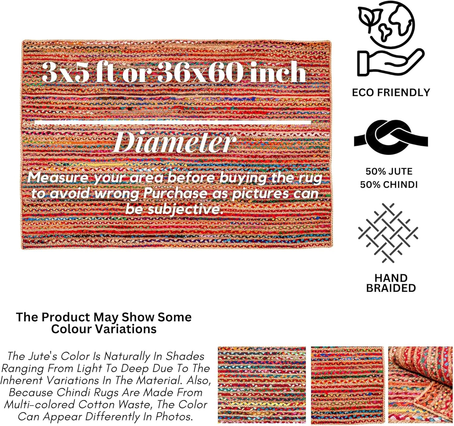 3'x5' Handwoven Jute Chindi Area Rug - Colorful Boho Rugs for Living Room - Hand Braided Multicolor Bohemian Rug for Farmhouse, Bedroom, Dining Room, Classroom, Hallway, Kitchen, Office