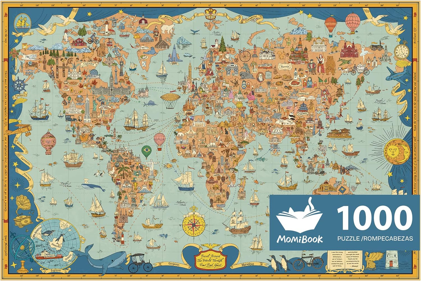 MOMIBOOK Puzzles for Adults 1000 Pieces Jigsaw Puzzles of Journey Through The World, Painting Image World Map Difficult Challenging Impossible Puzzle Unique Funny Party Christmas Birthday Gifts