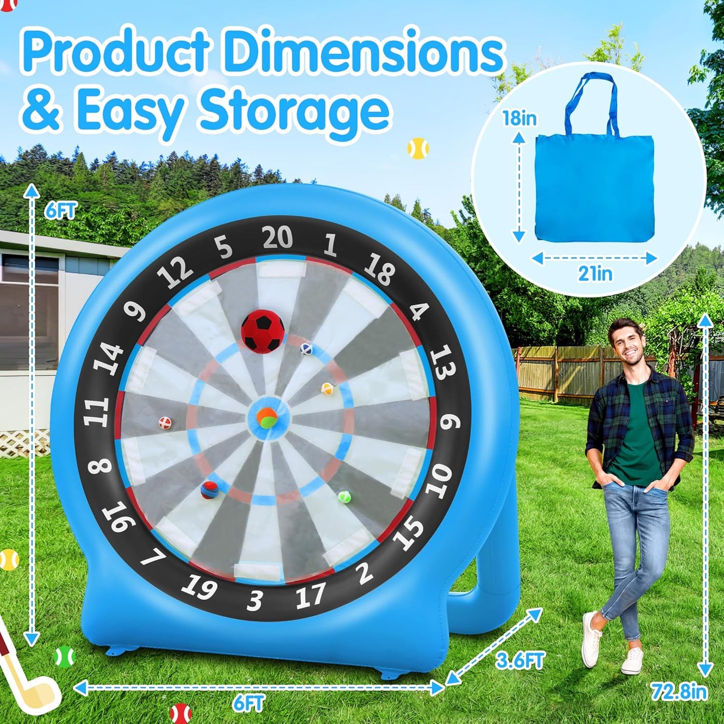 6FT Inflatable Dartboard, Giant Kick Darts Soccer Darts Golf & Throw Dart with Air Pump, Giant Outdoor Games, Blow up Soccer Dart for Yard Party Large Dartboard for Kids & Adults 20+Games
