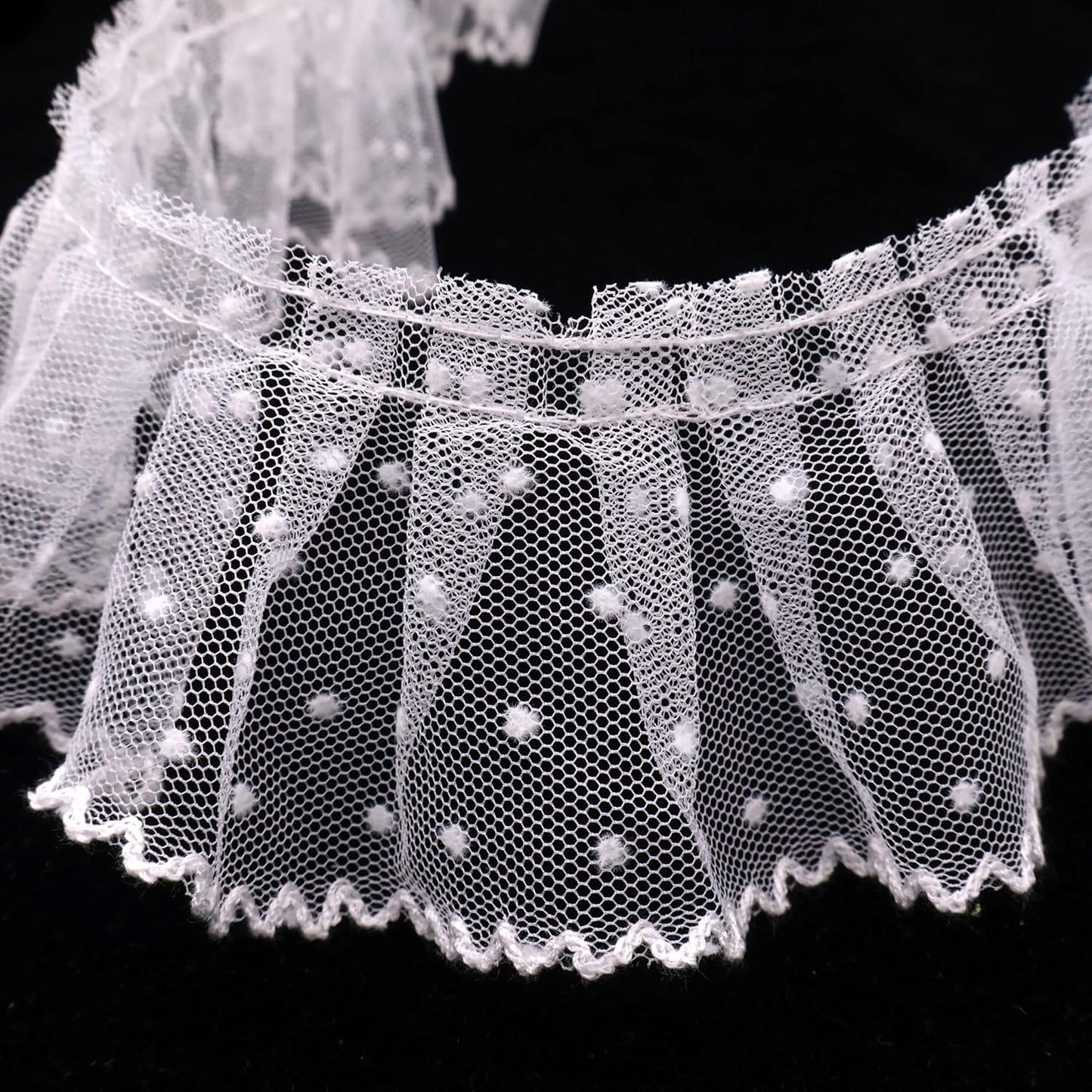 Dots Lace Ruffle Trim for Sew, Crafts 2.4" x5yd Single Layer Pleated Edge Lace Ribbon (White)