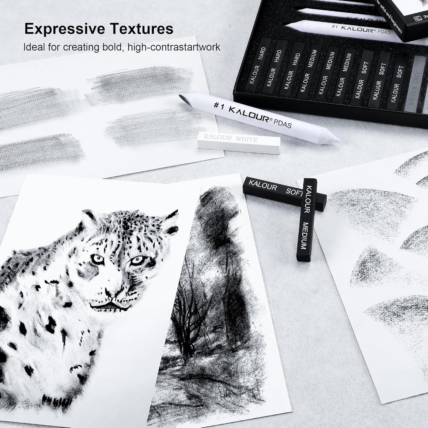 KALOUR 15 Pro Compressed Charcoal Drawing Set with Blending Stumps- Soft,Medium,Hard and White Charcoal - Charcoal Sticks for Drawing Sketching Shading - Art Supplies for Artists Beginners Adults