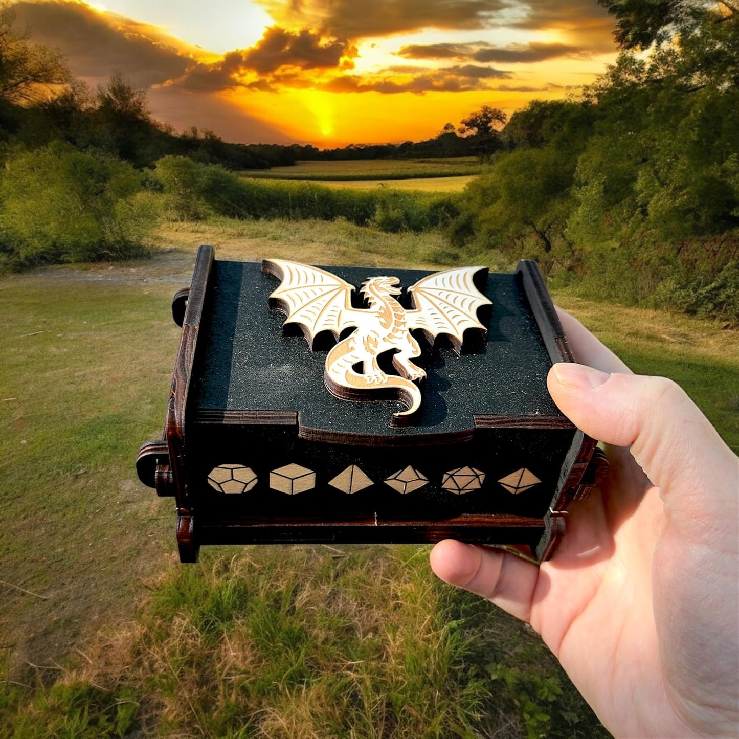 Dice Box - BLACK - 6x4x3 Also holds jewelry and great for desks and desk top items (The White Dragon)