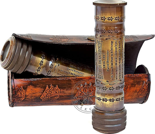 Handmade Brass Kaleidoscope Engraved Nautical Kids Gift with Antique Leather Case Educational Gift Vintage Decor Collection