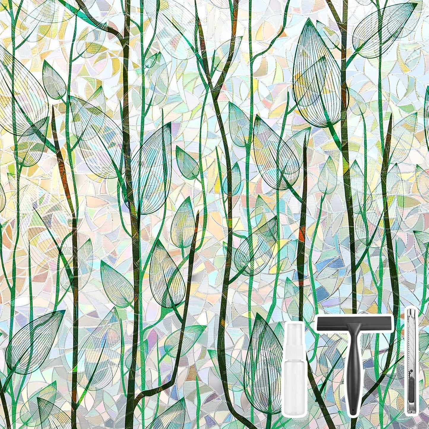 Finnez Window Privacy Film Window Film 3D No Glue Glass Sticker for Glass Door Home and Office Heat Control Anti UV (17.5 Inch x 6.5 Feet, Rainbow Grove)