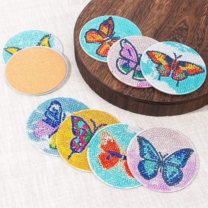 Butterfly Diamond Art Coasters Kit for Adults, 8PCS DIY Diamond Painting Craft Set with Holder, Gem Art Mosaic Coasters, Diamond Dotz Kit, Arts and Crafts Gift for Women & Teens