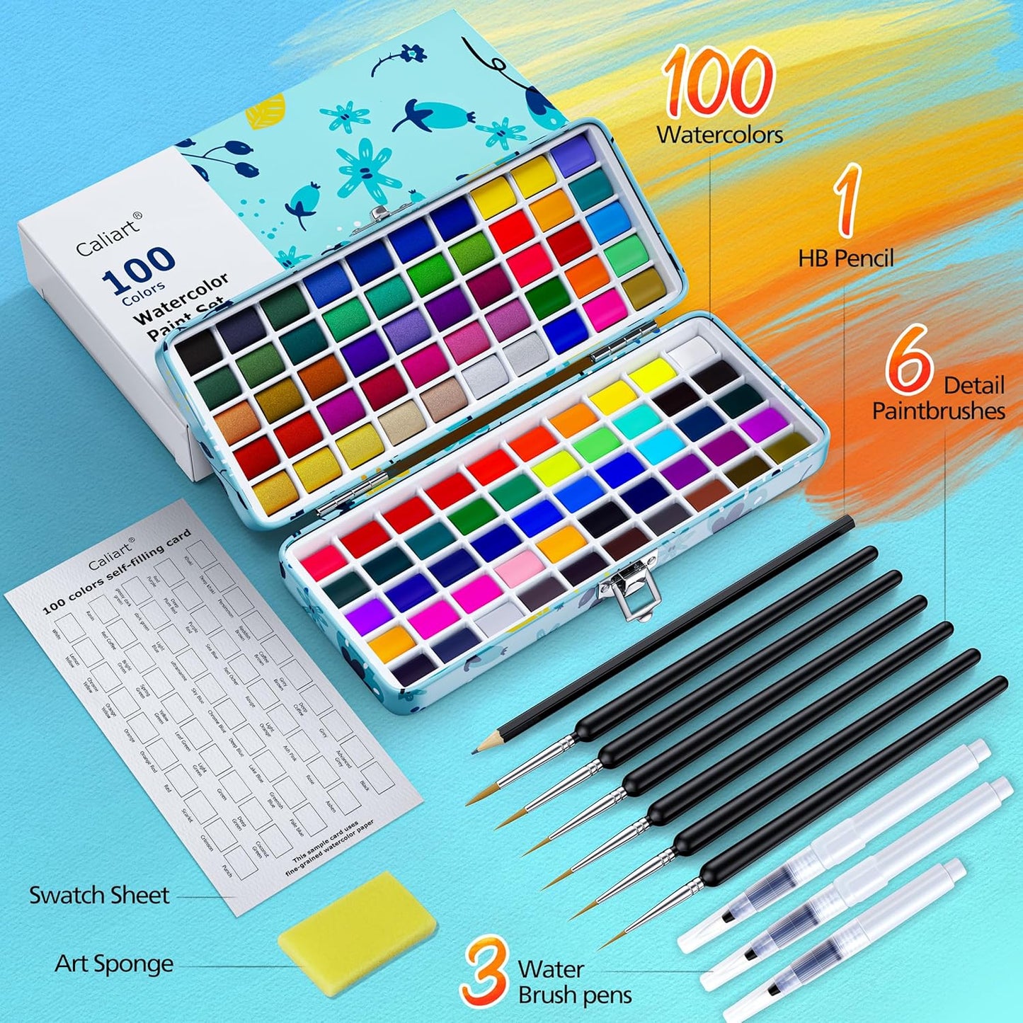 Caliart Watercolor Paint Set, 100 Colors Portable Travel Water Color Palette Kit with Detail Painting Brush, Art Supplies Christmas Gifts for Artists Adults Painters Beginners