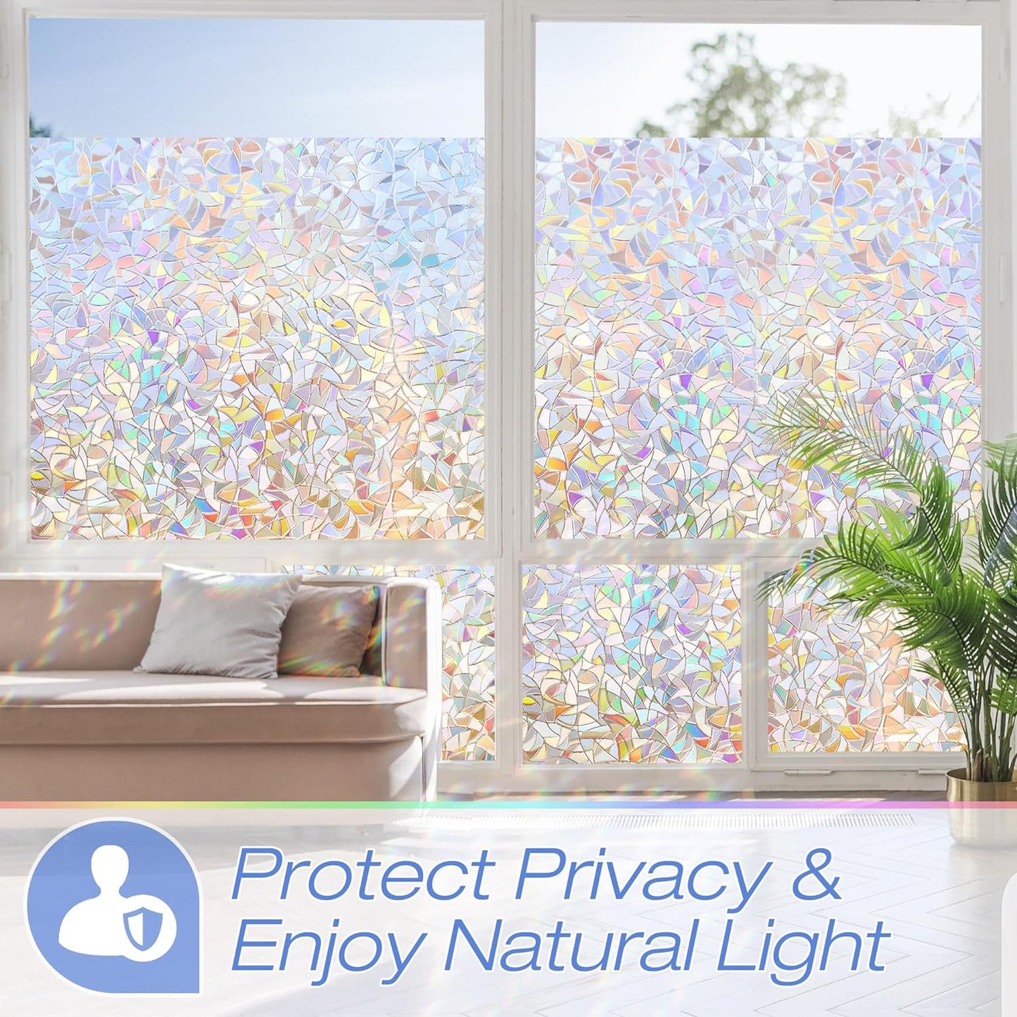 Homein Window Privacy Film, Rainbow Window Film Decorative 3D Window Clings Non Adhesive Window Tint for Home, Stained Glass Window Film for Glass, UV Blocking, 17.5 x 78.7 inches