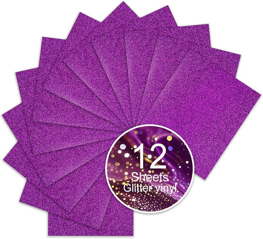 Fuchsia Glitter HTV Sparkly Heat Transfer Vinyl – 12 Pcs 12x10Inch Iron-On Vinyl Sheets for T‑Shirts & DIY Craft Gifts, Easy to Cut & Weed, No‑Flake & Washable, Work with All Cutter Machines