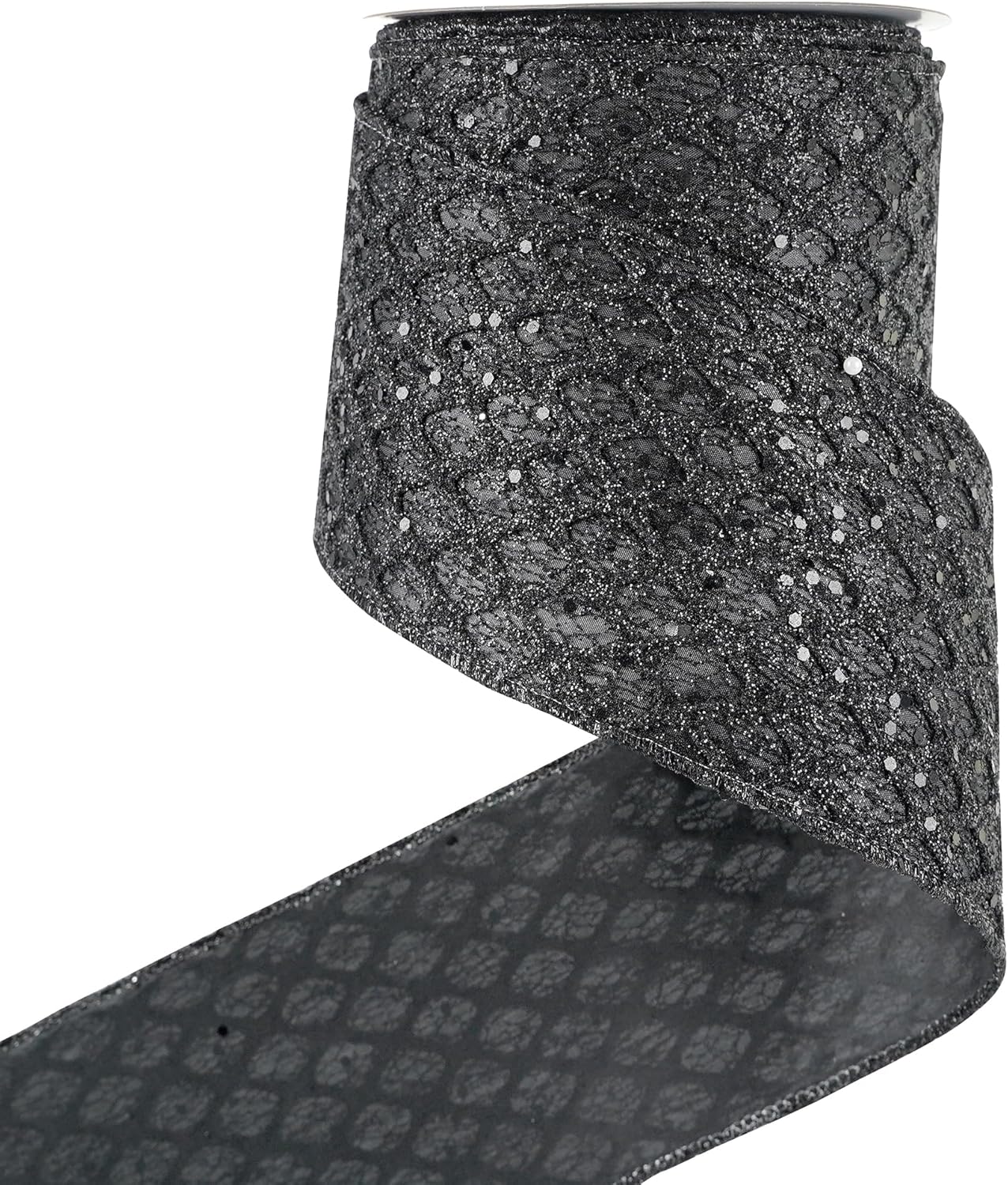 HUIHUANG Black Glitter Wired Ribbon 4 inch Black Christmas Tree Ribbon Diamond Mesh Wire Ribbon for Tree Decorations, Wreaths, Garland, Large Bows Making, Halloween Decor -10 Yards