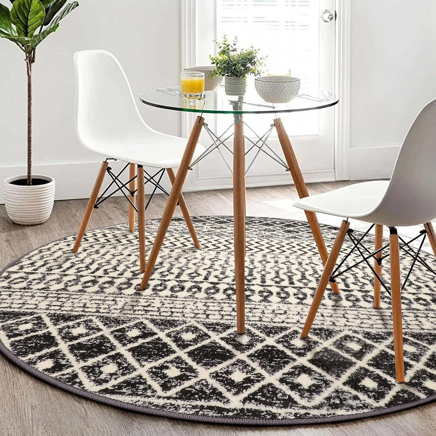 Boho Round Rug 5ft, Soft Non-Slip Distressed Circle Kitchen Mat Dining Room Rug, Washable Retro Living Room Area Rug Throw Carpet for Bedroom Kids Room Entryway