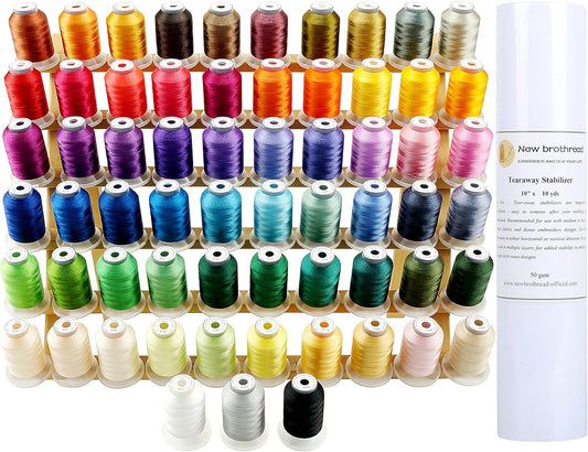 New brothread 63 Colors Compatible with Brother Polyester Embroidery Machine Thread with Bonus of 10" x10yd Medium Weight Tearaway Embroidery Stabilizer