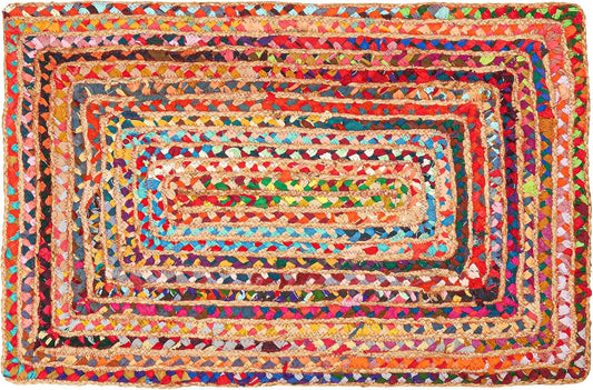 2'x3' Handwoven Jute Chindi Area Rug - Colorful Boho Rugs for Living Room - Hand Braided Multicolor Bohemian Rug for Farmhouse, Bedroom, Dining Room, Classroom, Hallway, Kitchen, Office