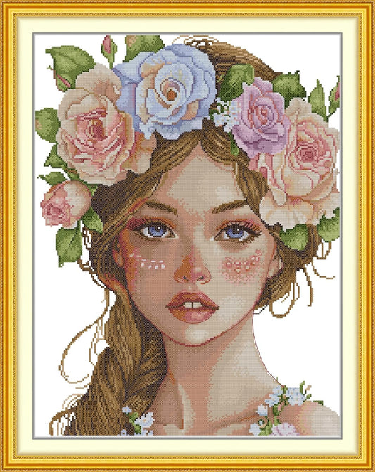 Threadhaven Cross-Stitch Kit 14CT Aida Counted Embroidery Complete Set with Fabric, Threads-Premium Beautiful Girls Design for Adults & Beginners- The Girl with The Wreath 16.1''×20''