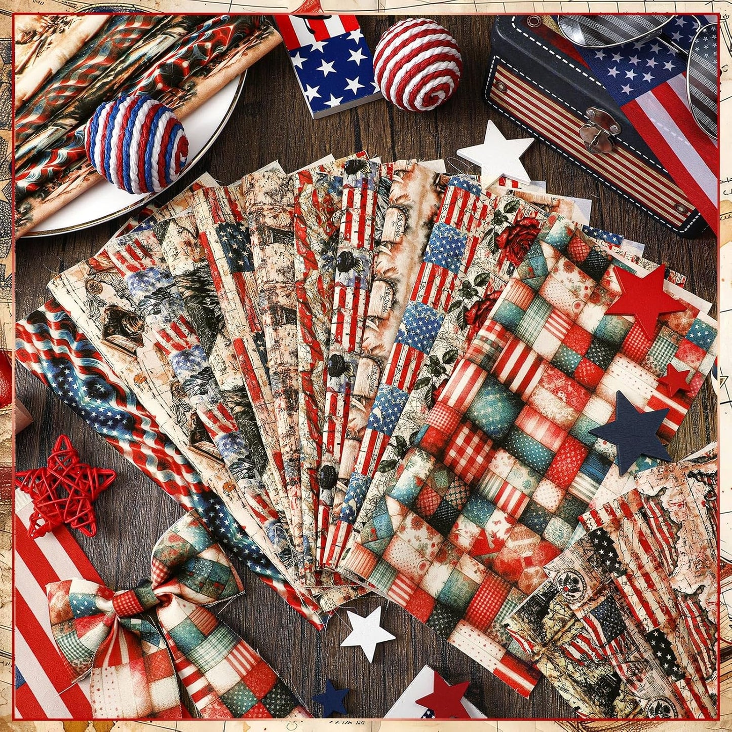Ganeen 60 Pcs 10 x 10 Inch Vintage Patriotic Quilting Fabric Squares American Flag Fabric Bundle Retro 4th of July Fat Patchwork Precut Stripes for Memorial Day Handmade Material Sewing DIY Crafts
