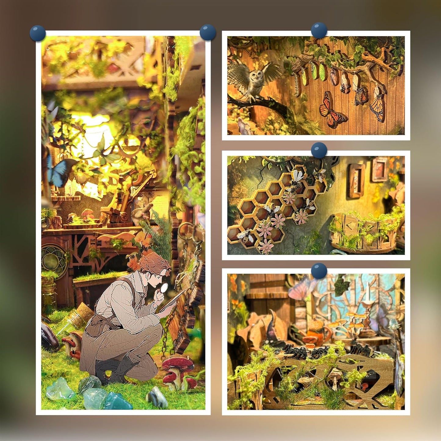 DIY Book Nook Kit,DIY Dollhouse Booknook Bookshelf Insert Decor,3D Wooden Puzzles with LED Dust Cover,Book Nook Miniature Kit,Birthday Halloween Home Decor for Teens Adult-Insects Story