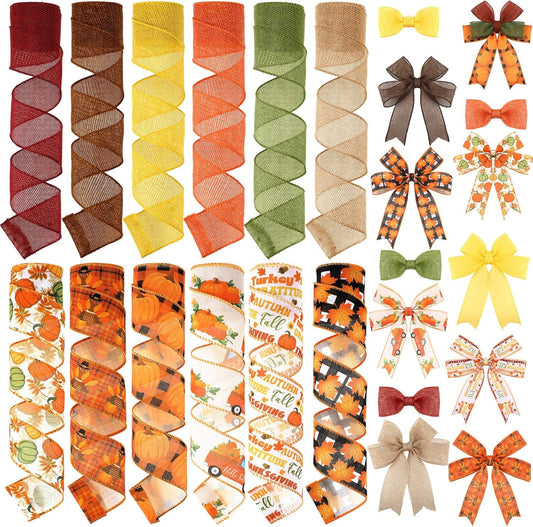 12 Rolls Fall Wired Edge Ribbon for Wreaths 2 Inch x 60 Yards Maple Leaves Pumpkin Turkey Print Ribbon Thanksgiving Plaid Crafts for Autumn Harvest Party Decoration Supplies, 12 Styles