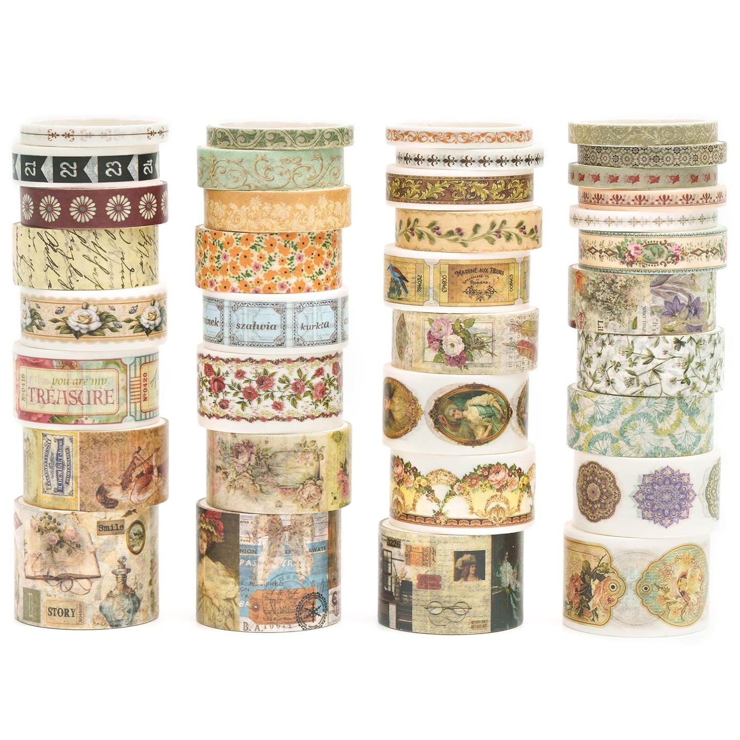 36 Rolls Vintage Washi Tape Pack Retro Arts Adhesive Tapes Wide Chronicle Decorative Masking Tape Sets for Craft, Kids, Scrapbook, DIY, Gift Wrapping (Madame de Pompadour)