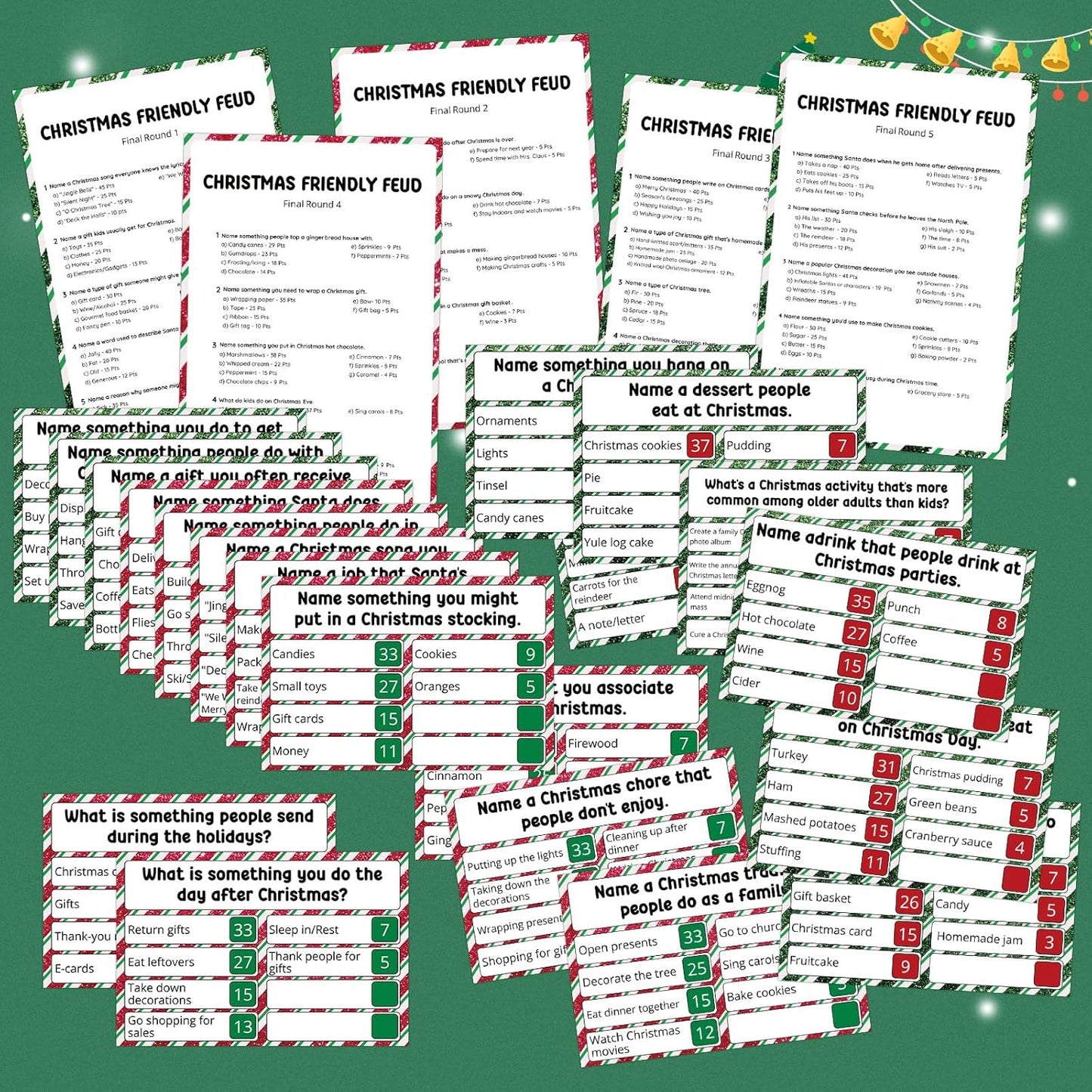 Christmas Friendly Feud Game with 2 Answer Buzzers, Holiday Feud Cards for Family Game Night Fun Trivia Quiz for Xmas Party Office Class Groups Team Building