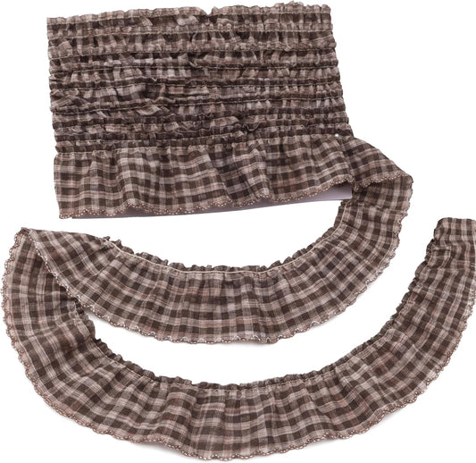 Gingham Ruffle Lace Trim Pleated Lace 5 Yards Gathered Gingham Fabric Edge Ribbon Trim for Dresses, Wedding Gowns, Crafts, Home Decor (Brown)