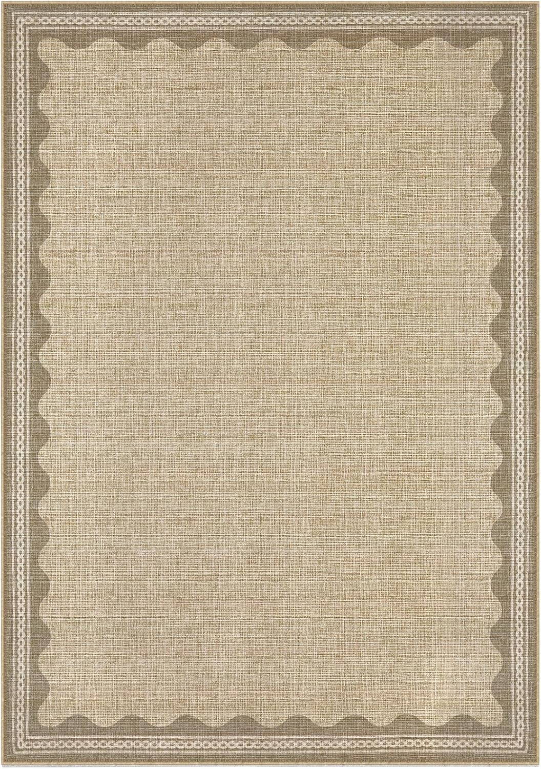 Scalloped Washable Rug 5x7 Area Rugs for Living Room, Solid Tan Rug for Bedroom Girls, Non Slip Scalloped Throw Mat with Rubber Back, Soft Dorm Nursery Low Pile Carpet for Dining Room