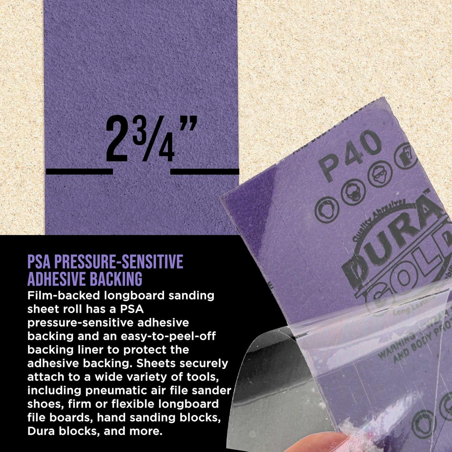 Dura-Gold Premium 40 Grit PSA Purple Film Ceramic Longboard Sandpaper, 2-3/4" Wide Continuous 12 Yard Roll - Self Adhesive Stickyback for Auto & Wood Air File Long Board Sanders, Hand Sanding Blocks