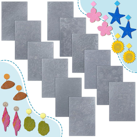 12pcs Polymer Clay Texture Sheets Set Works with Polymer Clay Cutter Embossing Clay Texture Roller DIY Sheets for Jewelry Earring Making DIY Craft Supply (Summer)