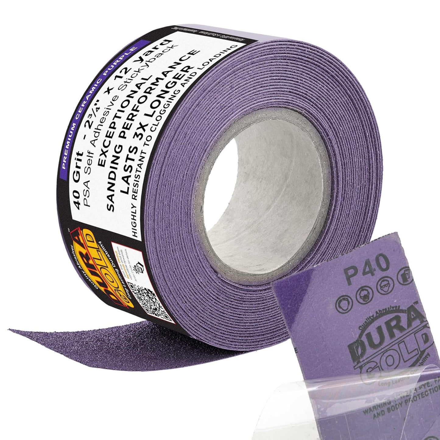Dura-Gold Premium 40 Grit PSA Purple Film Ceramic Longboard Sandpaper, 2-3/4" Wide Continuous 12 Yard Roll - Self Adhesive Stickyback for Auto & Wood Air File Long Board Sanders, Hand Sanding Blocks