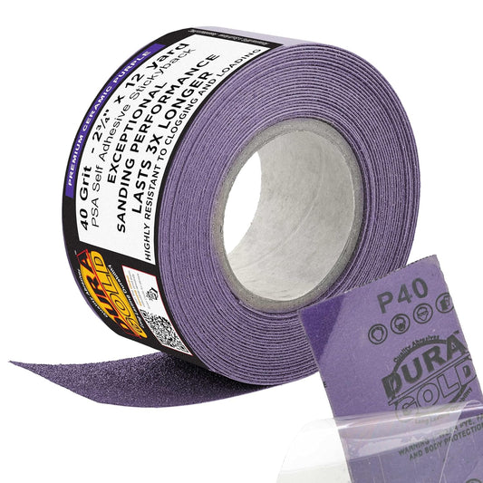 Dura-Gold Premium 40 Grit PSA Purple Film Ceramic Longboard Sandpaper, 2-3/4" Wide Continuous 12 Yard Roll - Self Adhesive Stickyback for Auto & Wood Air File Long Board Sanders, Hand Sanding Blocks