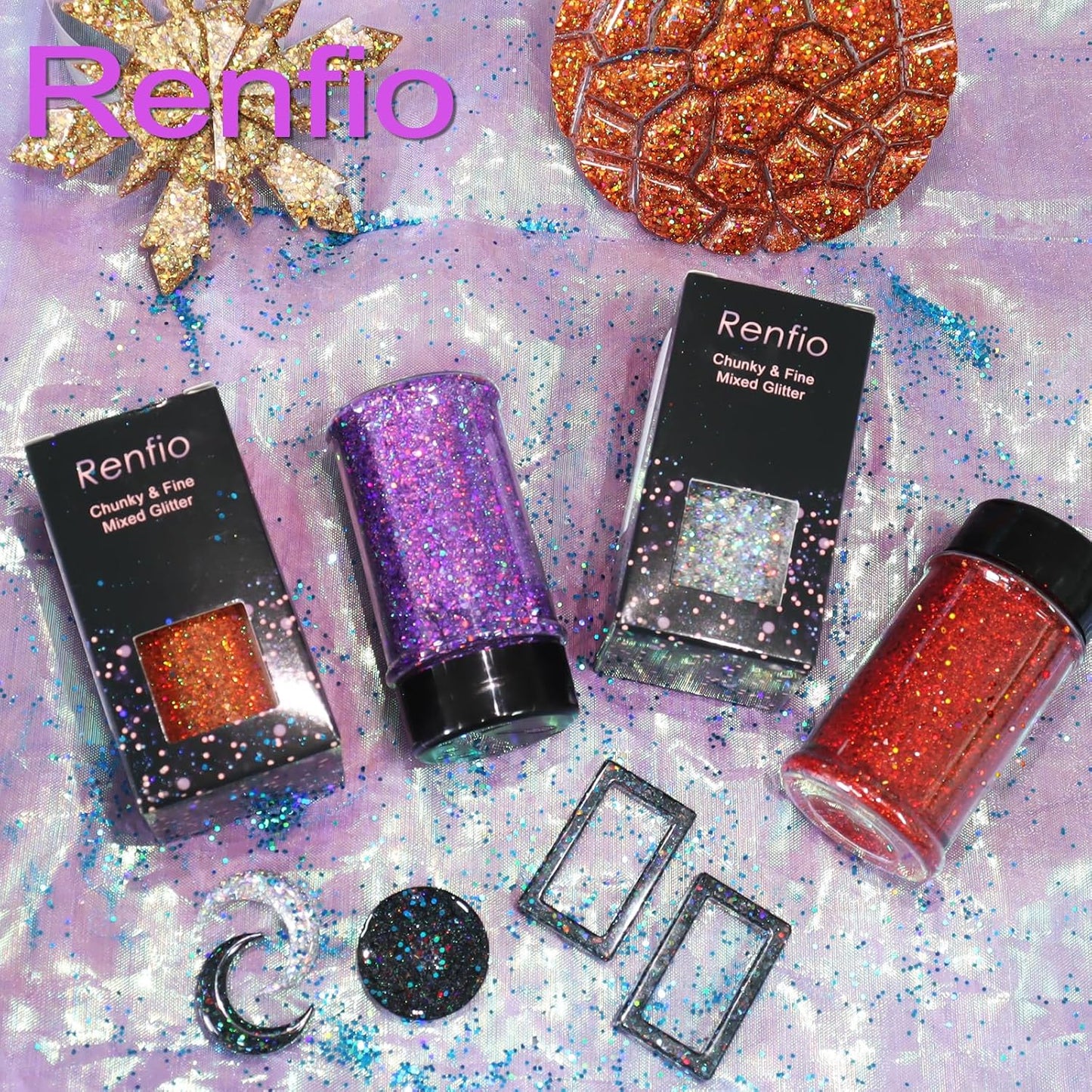 Renfio 2 Sizes Glitter, 2.11oz/60g Purple Glitter, Holographic Fine Glitter Mix Chunky Glitter for Crafts Sequins Valentines Resin Glitters PET Flakes for Nail Art Tumblers Slime - Laser Light Purple