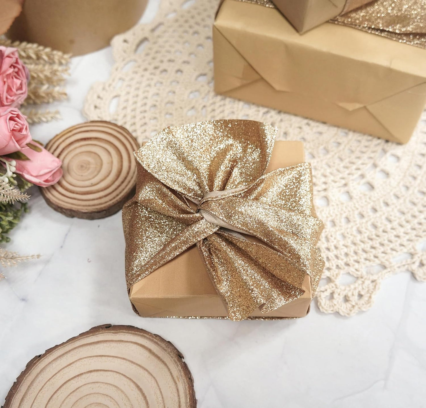 CT CRAFT LLC Glitter Wired Ribbon 4" x 10 Yards Gold (Champagne Gold) for Christmas Home Decor Bow Gift Wrapping DIY Crafts Wreath