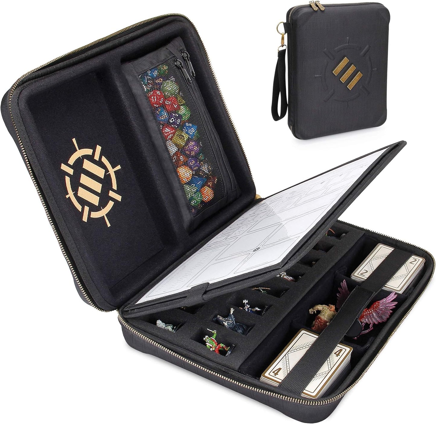 ENHANCE RPG Organizer Case - DnD Binder with Built-in Character Sheet Holder and Erasable Scribe Panel, Dice Rolling Area, Removable Pen Pouch, Miniature Foam Tray, Wrist Strap