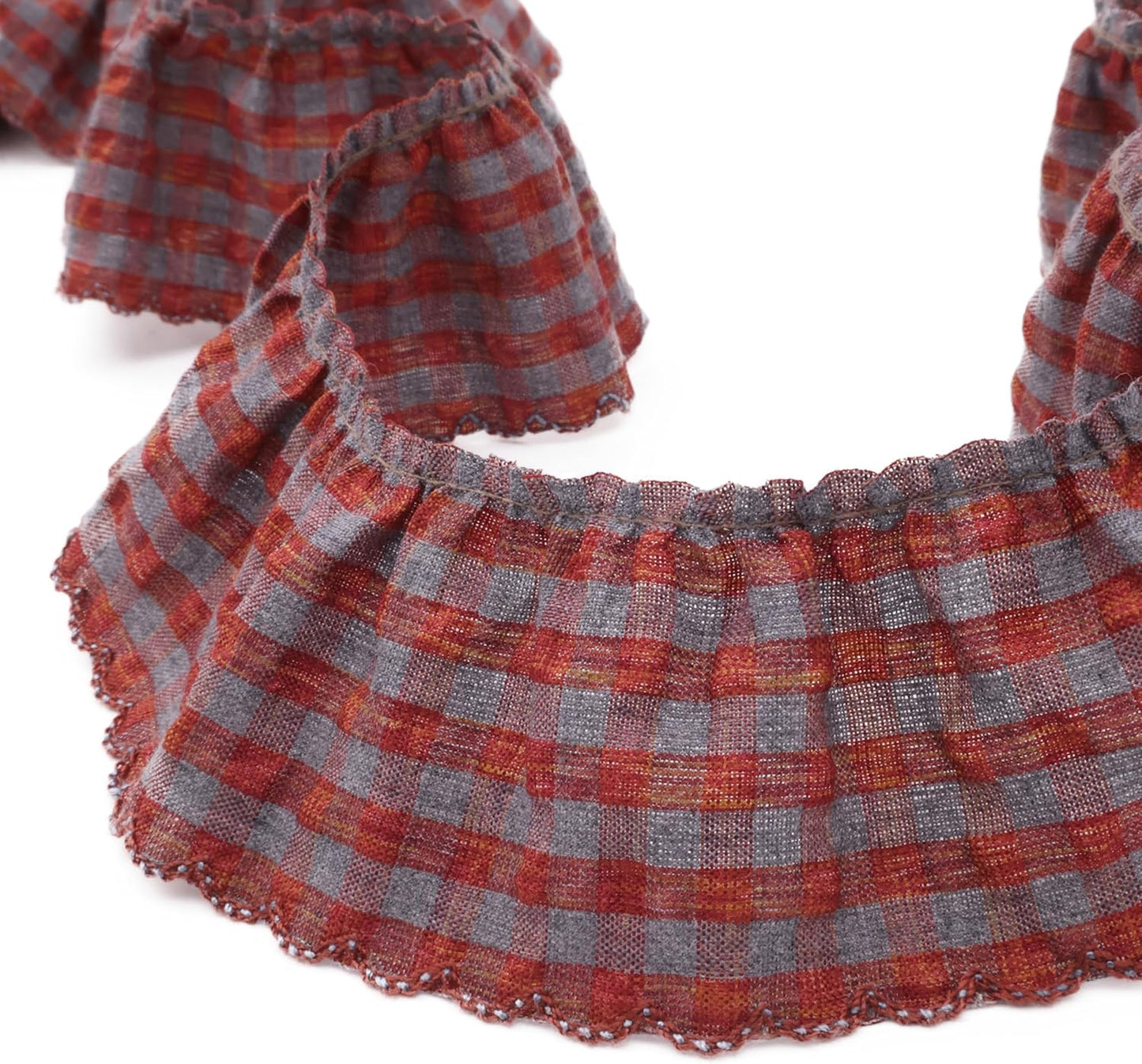 Gingham Ruffle Lace Trim Pleated Lace 5 Yards Gathered Gingham Fabric Edge Ribbon Trim for Dresses, Wedding Gowns, Crafts, Home Decor (Red)