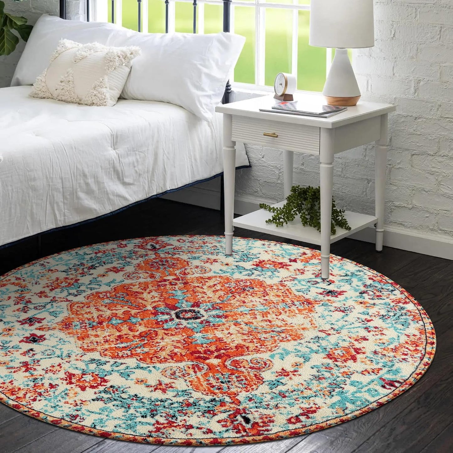 Lahome Bohemian Floral Medallion Round Rug - 4Ft Soft Bedroom Area Rug Oriental Distressed Washable Entryway Foyer Throw Mat Non-Slip Door Carpet for Dining Living Room Bedside Nursery, Orange/Multi