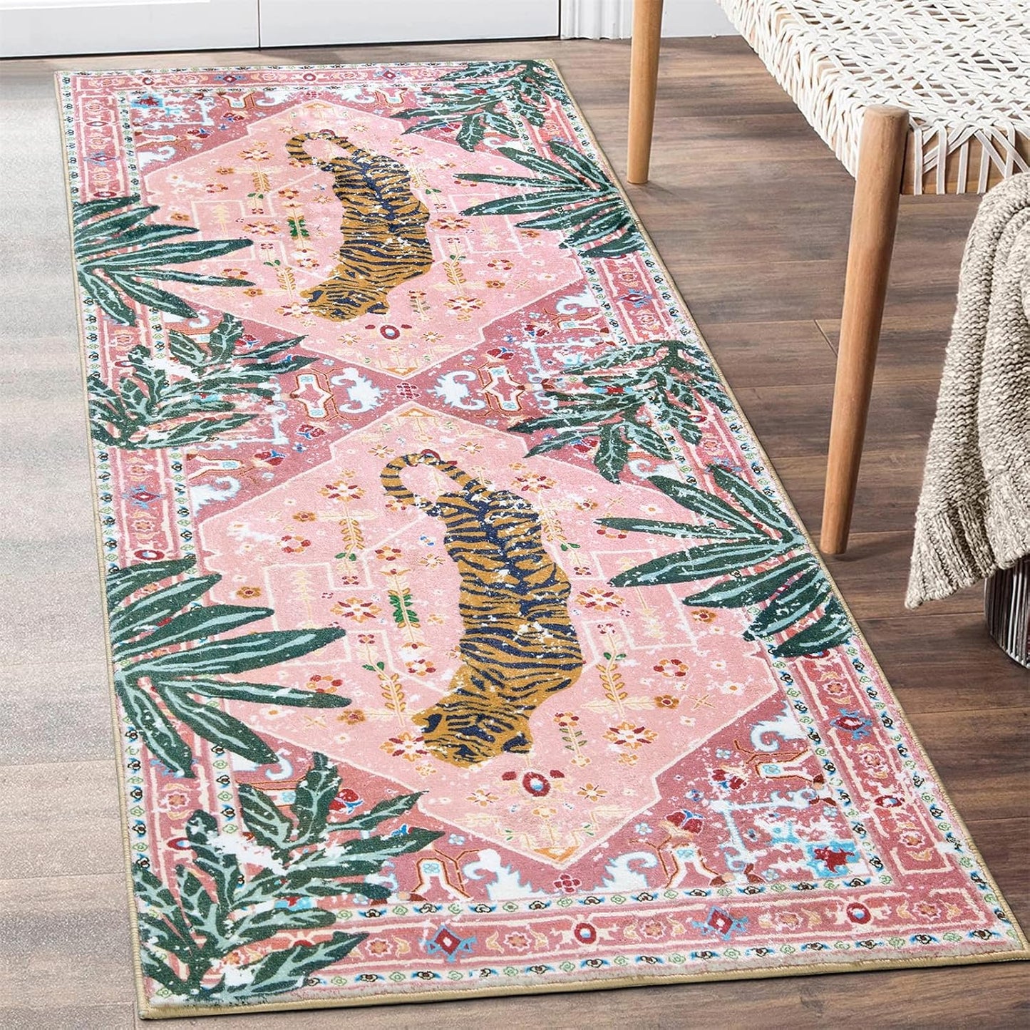 Oriental Tropical Hallway Runner Rug 2x6 Washable, Thin Stain Resistant Pink Boho Runner Rug for Entryway Kitchen Bedroom Laundry, Vintage Abstract Hippie Indian Botanical Long Floor Carpet
