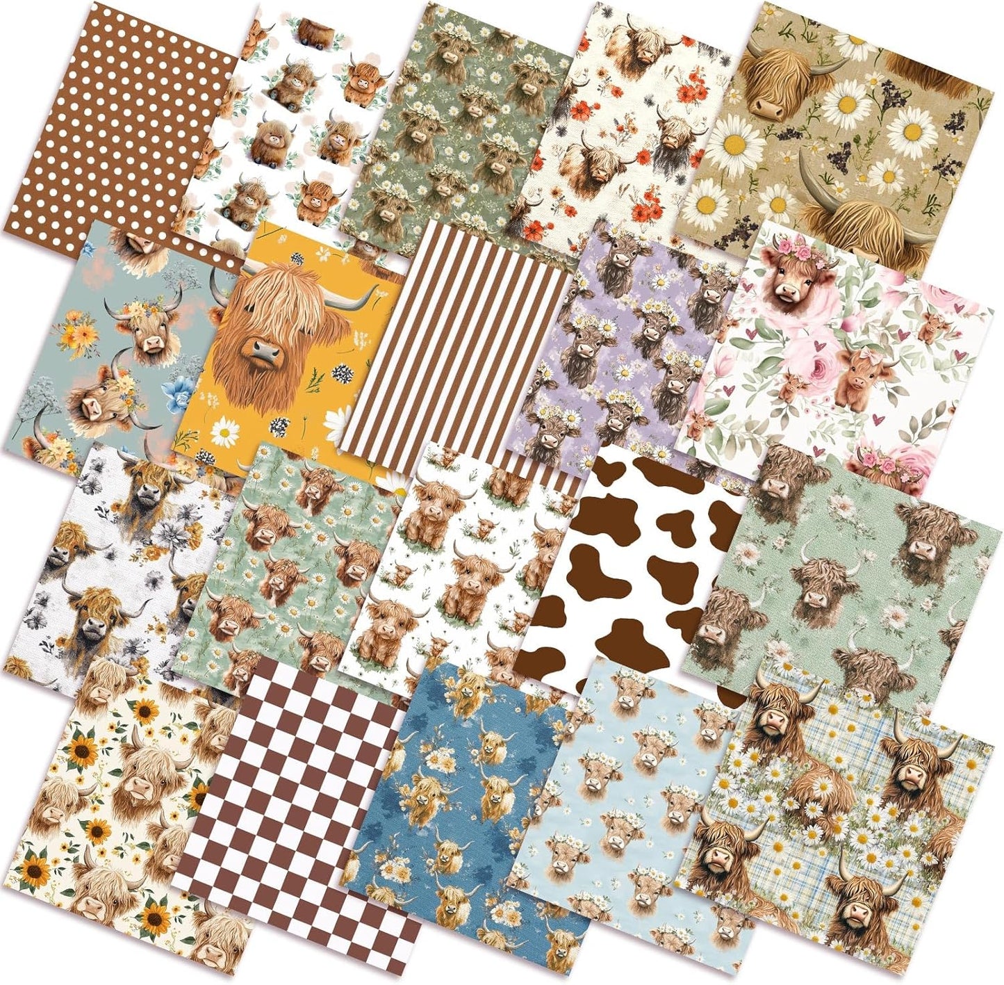 Ganeen 60 Pcs 10 x 10 Inch Highland Cow Quilting Fabric Squares Vintage Highland Cow Fat Patchwork Precut Strips Retro Multicolor Fabric Bundles for Holiday DIY Craft Sewing Quilt Material Handmade