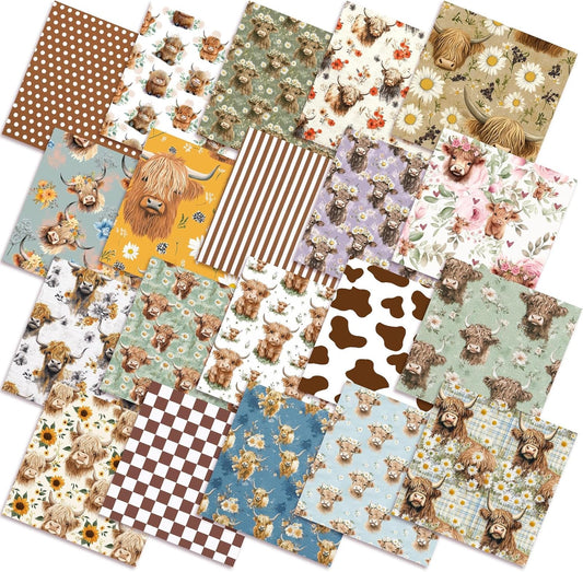 Ganeen 60 Pcs 10 x 10 Inch Highland Cow Quilting Fabric Squares Vintage Highland Cow Fat Patchwork Precut Strips Retro Multicolor Fabric Bundles for Holiday DIY Craft Sewing Quilt Material Handmade