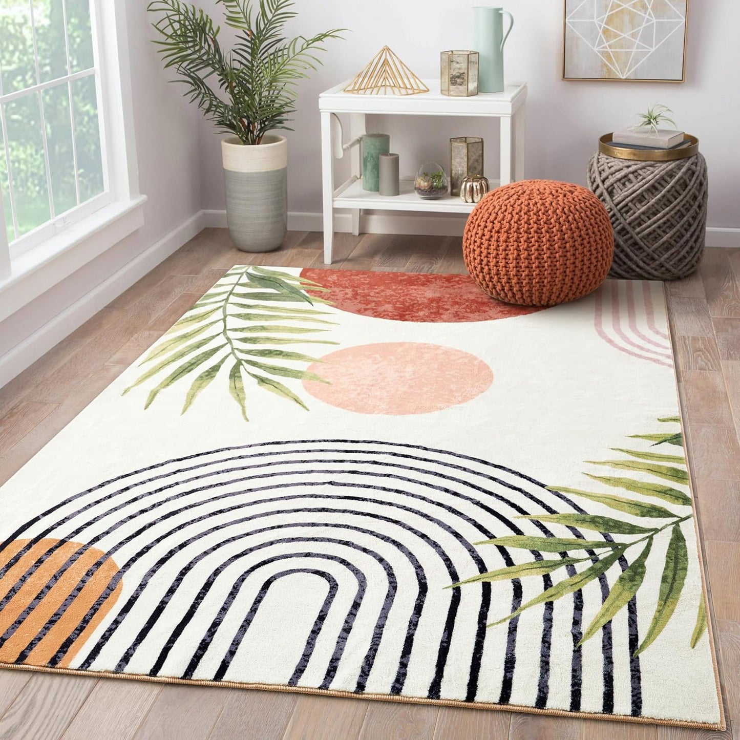 RoomTalks Mid Century Modern Washable Rug, Boho Cute Aesthetic 6x9 Area Rugs for Bedroom Dining Living Room Kitchen, Abstract Tropical Leaves Non Slip Thin Indoor Entryway Rug Accent Floor Carpet