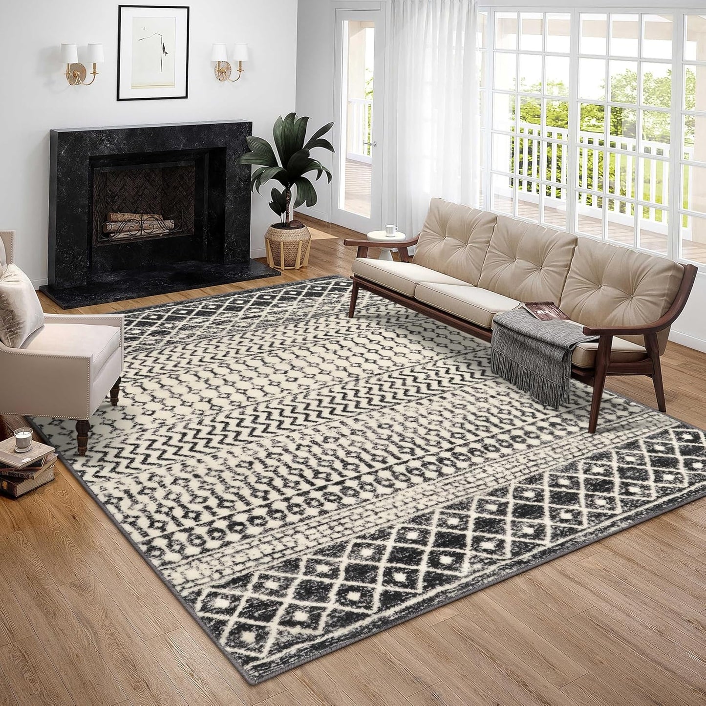 Moroccan 8x10 Area Rug, Soft Non-Slip Vintage Living Room Rugs for Bedroom Aesthetic, Low-Pile Washable Distressed Dining Room Rugs for Living Room Nursery Classroom Dorm Apartment