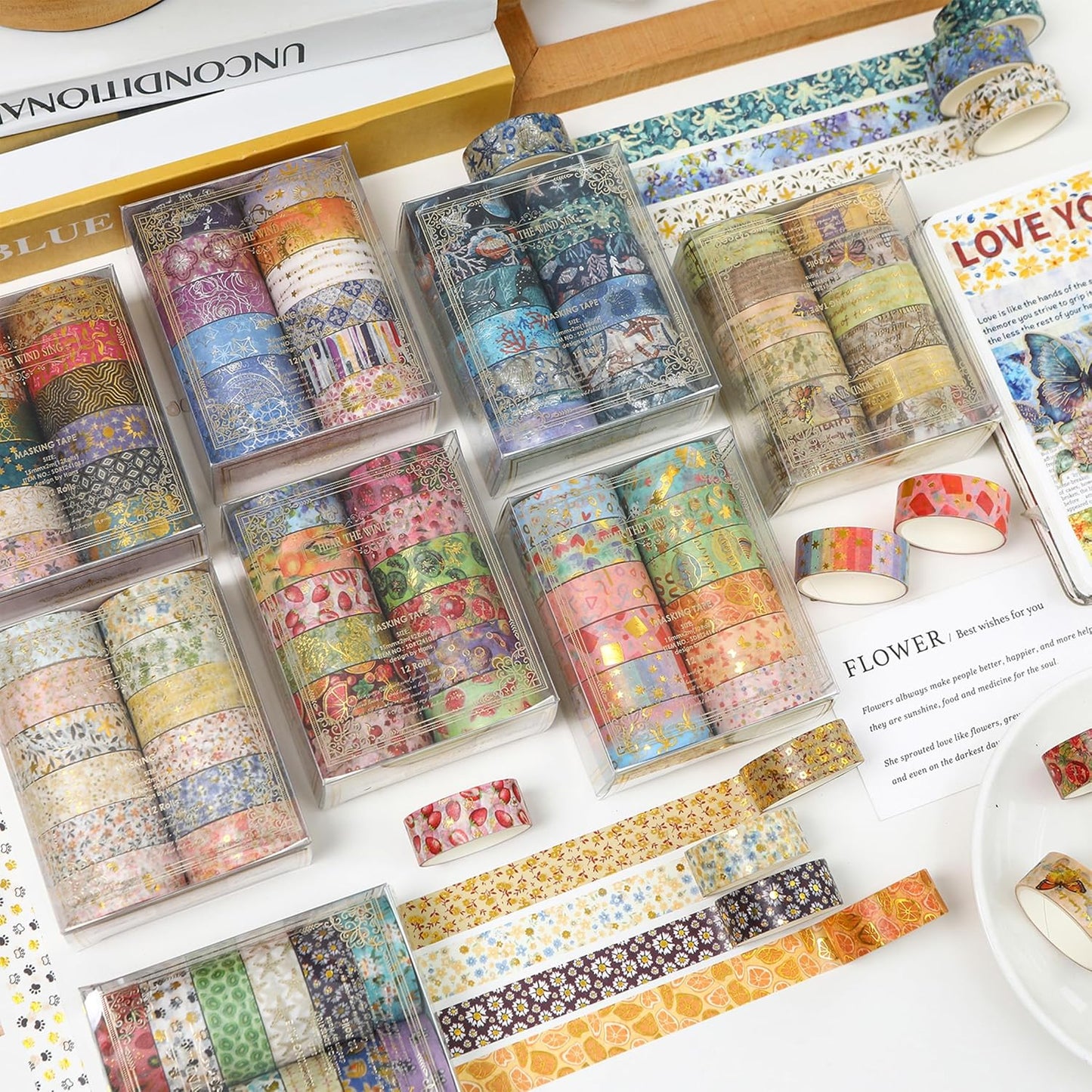 12 Rolls Charming Washi Tape Set Gold Silver Foil Detailing Arts Adhesive Tapes Basic Patterns Decorative Masking Tape Sets for Craft, Kids, Scrapbook, DIY, Gift Wrapping (Whimsical Pastels)