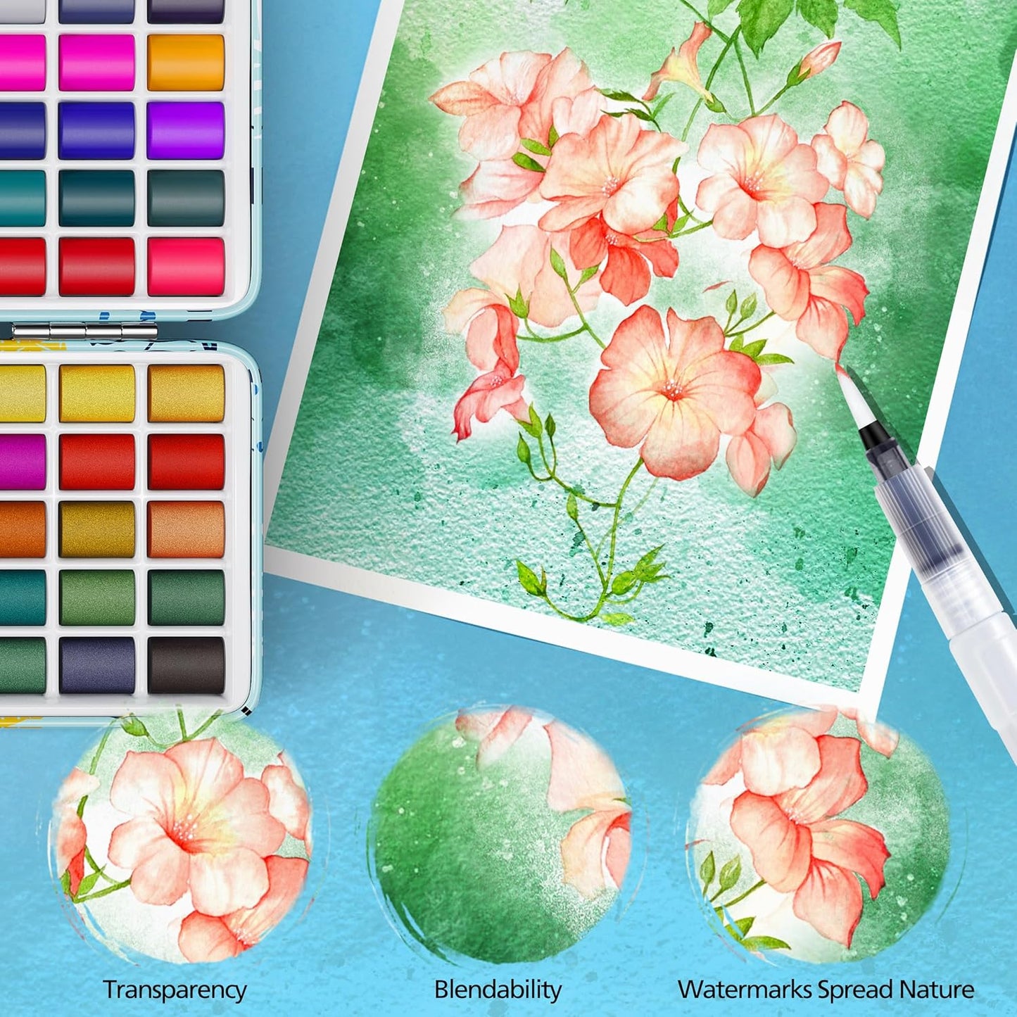 Caliart Watercolor Paint Set, 100 Colors Portable Travel Water Color Palette Kit with Detail Painting Brush, Art Supplies Christmas Gifts for Artists Adults Painters Beginners