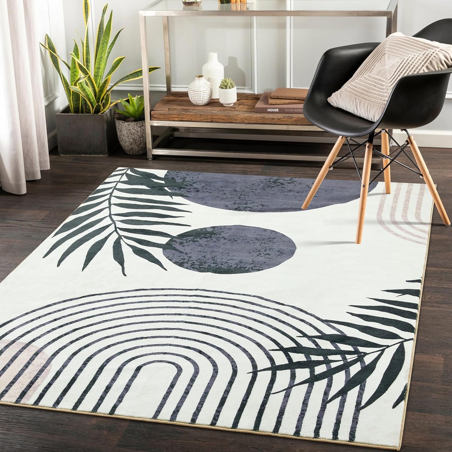 RoomTalks Mid Century Modern Living Room Rug Washable 5x7 Rug, Black Boho Cute Aesthetic Area Rugs Carpet for Bedroom Dining Room Office, Vintage Abstract Leaves Thin Indoor Entryway Carpet