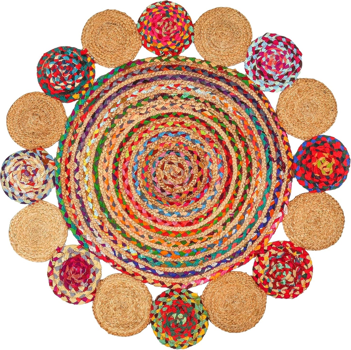 3' Round Handwoven Jute Chindi Area Rug - Colorful Boho Rugs for Living Room - Hand Braided Multicolor Bohemian Rug for Farmhouse, Bedroom, Dining Room, Classroom, Hallway, Kitchen, Office