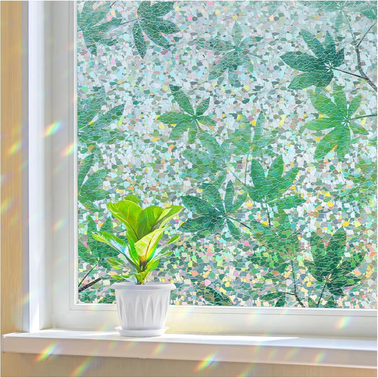 Haton Window Privacy Film, Decorative Stained Glass Window Clings, 3D UV Sun Blocking Sticker, Removable Static Cling Heat Control Tint for Home Door, Leaf Rainbow, 17.5" x 78.7" Non-Adhesive
