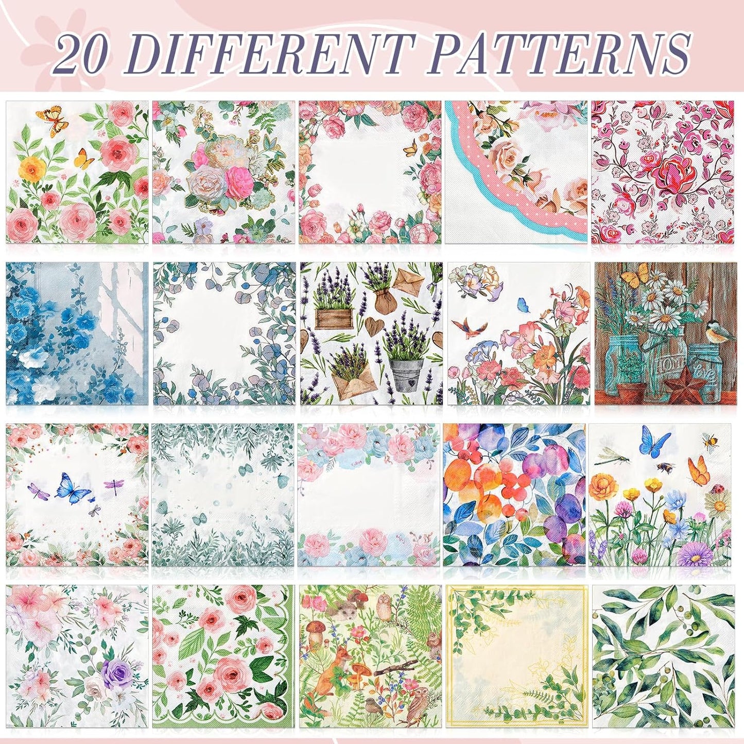 Crtiin 20 Pack Assorted Floral Napkins for Decoupage Toilet Napkins Flower Cocktail Decorative Paper for Birthday Party Beautiful Gorgeous, 20 Styles Each 6.5 inches(Style 6)