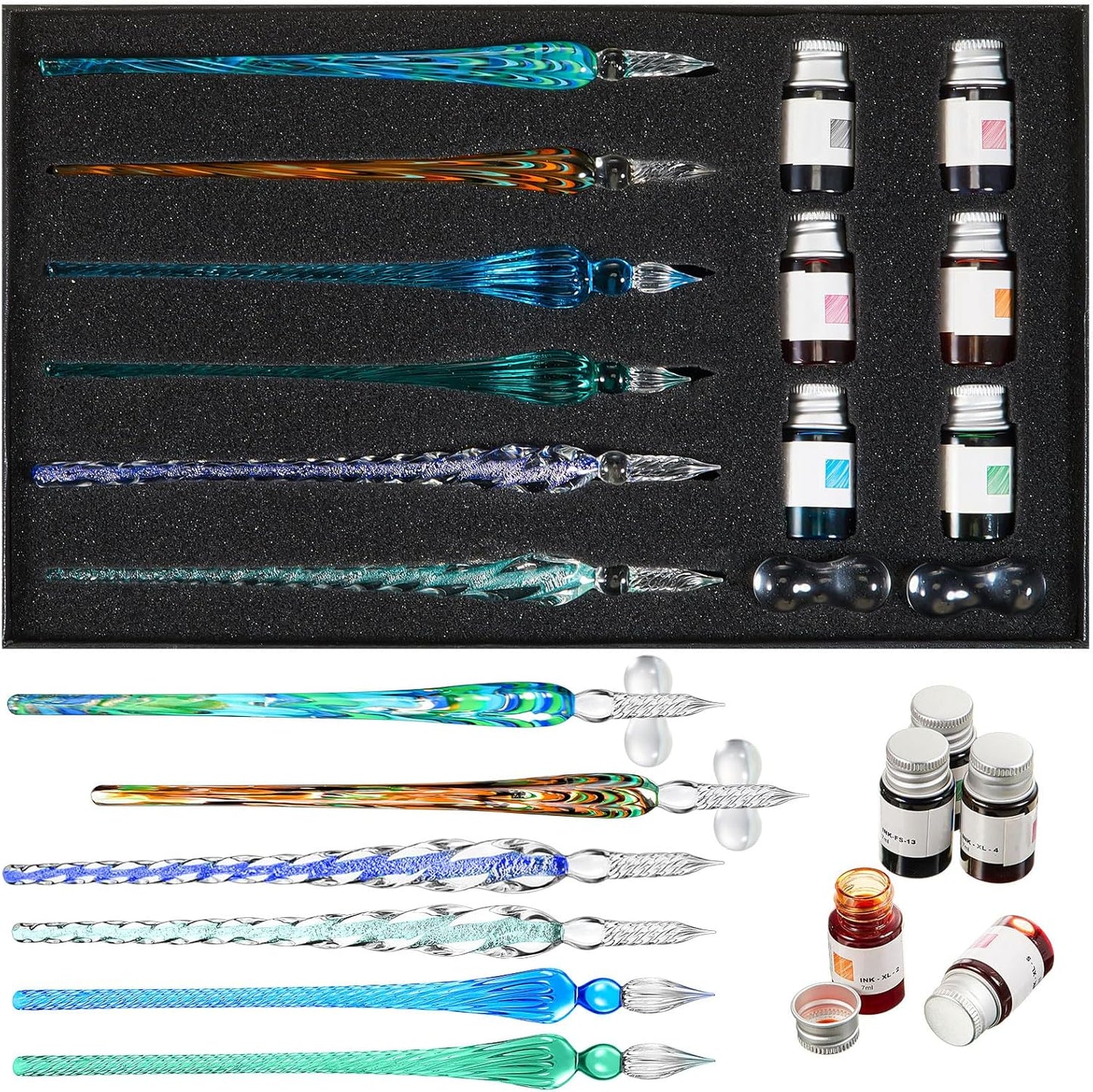 Zonon Glass Dipped Pen Ink Set 14 Pcs Include 6 Pcs Glass Dip Pen, 6 Colorful India Ink and 2 Holder Crystal Signature Calligraphy for Art, Writing, Signatures, Gift(Green Color System)